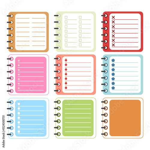 Colorful planner notebook pages with checklist and lined templates