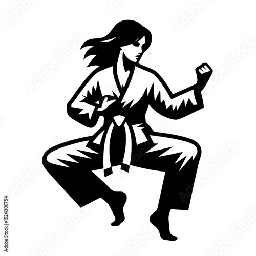 Female karateka in fighting stance black and white illustration