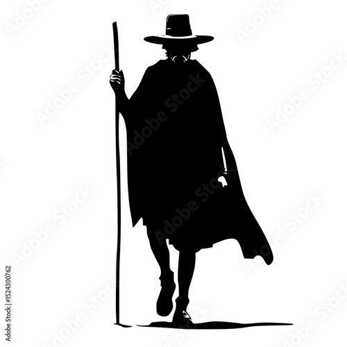 a black and white silhouette of a man in a hat holding a long stick black, hand, hat, hold, illustration, long, man, silhouette, staff, stick, walk , Generative art.