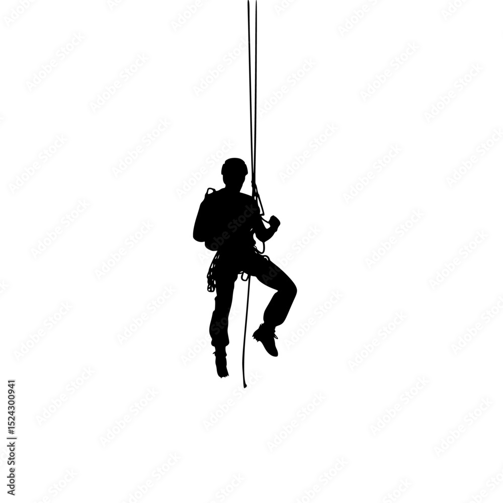 Obraz premium a black and white silhouette of a man climbing a rope black, climb, hang, man, person, rope, silhouette, swing , Generative art.