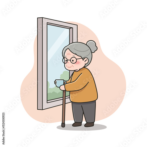 Elderly woman holding a cup while standing by the window at home  