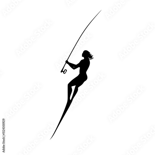 a black silhouette of a woman with a fishing rod black, fishing rod, rope, silhouette, woman , Generative art.