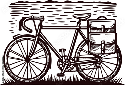 Hand drawn touring bicycle with pannier bags by riverbank in vintage engraved illustration