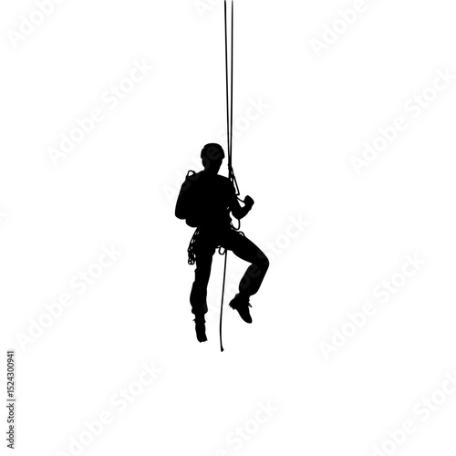 a black and white silhouette of a man climbing a rope black, climb, hang, man, person, rope, silhouette, swing , Generative art.