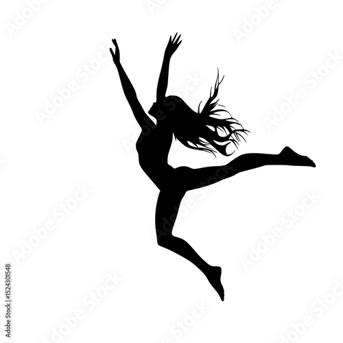 a black silhouette of a young woman with long hair jumping in the air black, dance, girl, hair, jump, long, silhouette, woman, young , Generative art.