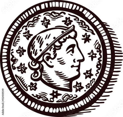 Engraved ancient coin with laurel wreath profile, surrounded by stars and ornate circular border illustration