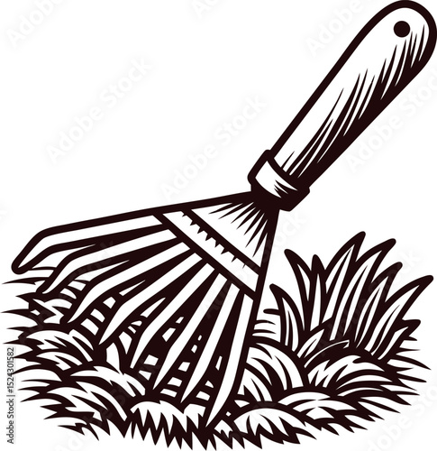 Vintage engraved hand rake digging through grass clumps retro gardening tool illustration with detailed etching