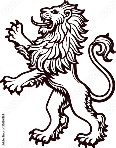 Heraldic lion standing on hind legs with detailed mane and raised forepaw, black line art illustration