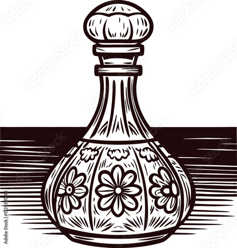 Hand drawn ornate glass decanter with floral motif vintage engraved illustration isolated on white background