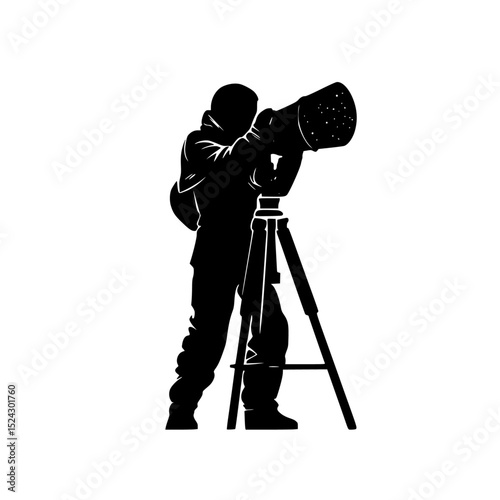 black silhouette of a man with telescope looking at the stars black, look, man, silhouette, star, telescope, tripod , Generative art.
