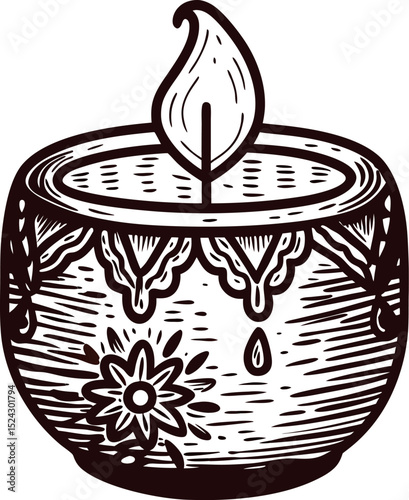 Hand drawn vintage candle with ornate floral pattern and burning flame on white background