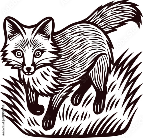 Hand drawn sketch illustration of a fox in grass vintage engraved wild animal woodcut engraving