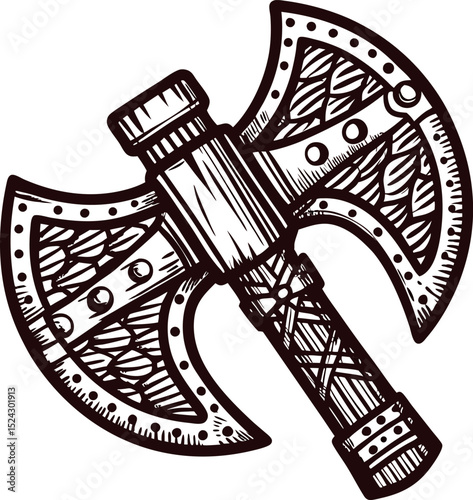 Hand drawn double headed battle axe with ornamental handle vintage engraved medieval weapon illustration
