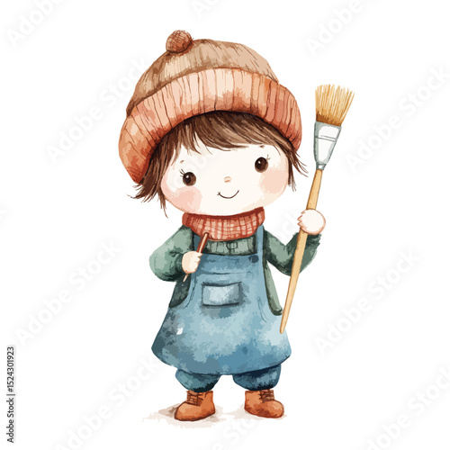 Watercolor Illustration of a Child Artist in Winter Wear