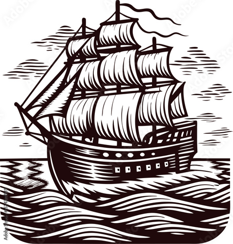 Sailing ship with billowing sails and waves engraved illustration on white background