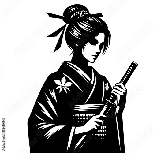 Elegant geisha with katana in black and white