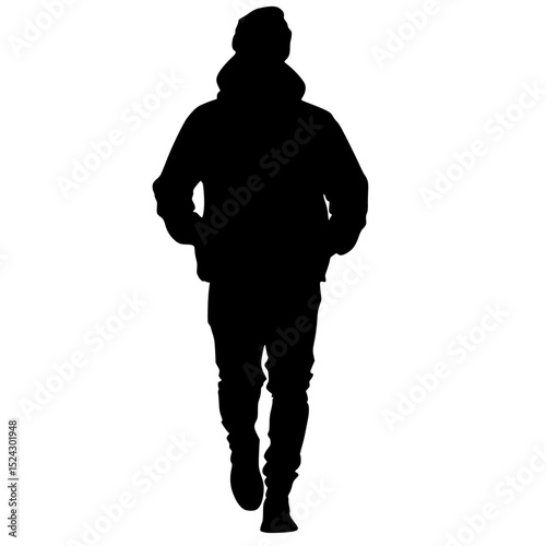 a black silhouette of a man in a jacket with a hood walking on a transparent background black, camera, hood, jacket, man, silhouette, soldier, walk , Generative art.