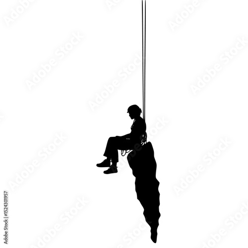 a black silhouette of a man sitting on a swing hanging from a rope black, boy, hang, man, person, rock, rope, silhouette, sit, sit on, swing , Generative art.