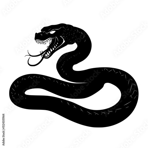 a black and white silhouette of a snake with its mouth open black, head, mouth, open, silhouette, snake, tongue , Generative art.