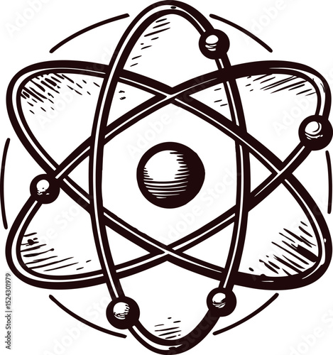 Hand drawn atomic model with nucleus and orbiting electrons vintage science sketch illustration