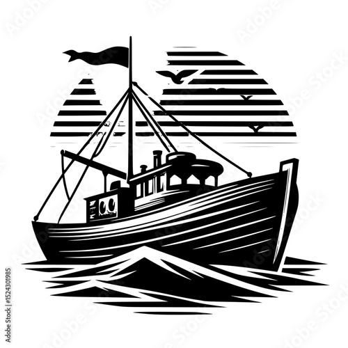 Vintage black and white fishing boat at sunset
