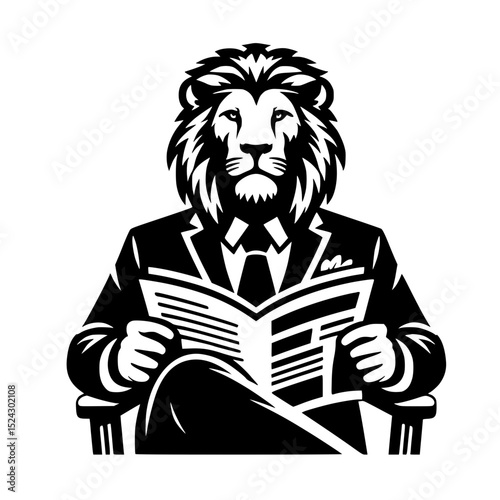 Lion in suit reading newspaper business concept