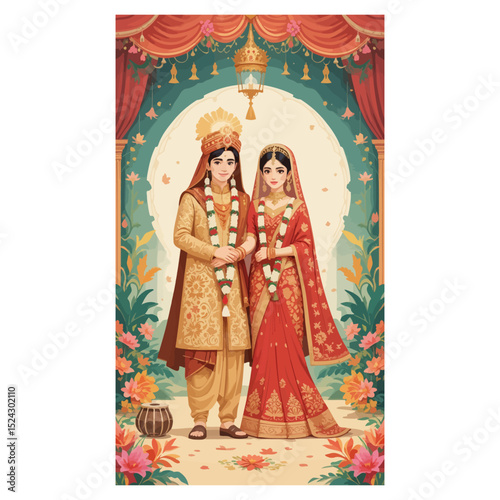 Indian Wedding Illustration Bride and Groom in Traditional Attire
