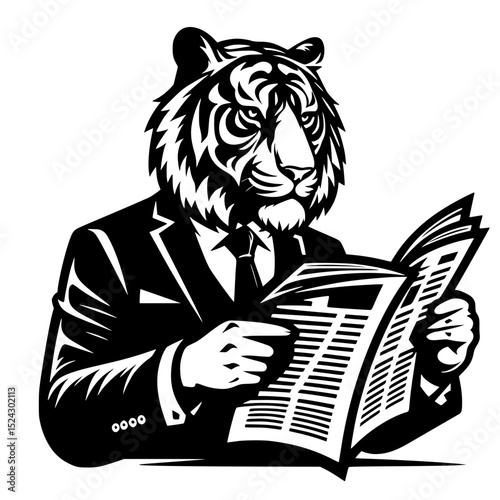 Tiger in suit reading newspaper business illustration