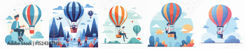 vector character of young man riding a hot air balloon