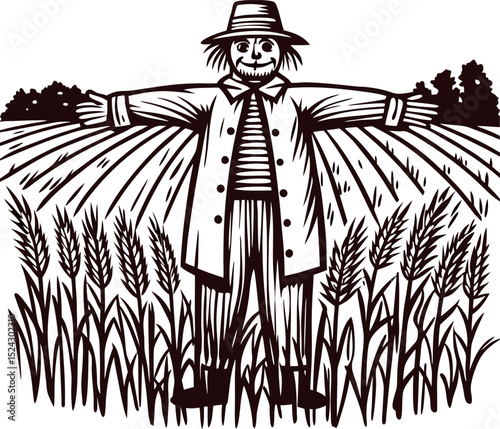 Vintage engraved illustration of a scarecrow in a field of wheat with distant trees and farmland background