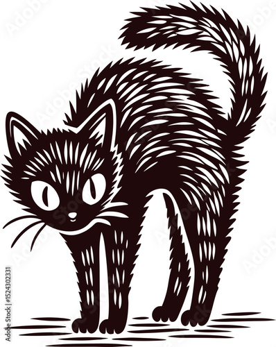 Frightened cat with arched back and fluffed tail isolated black and white hand drawn animal illustration