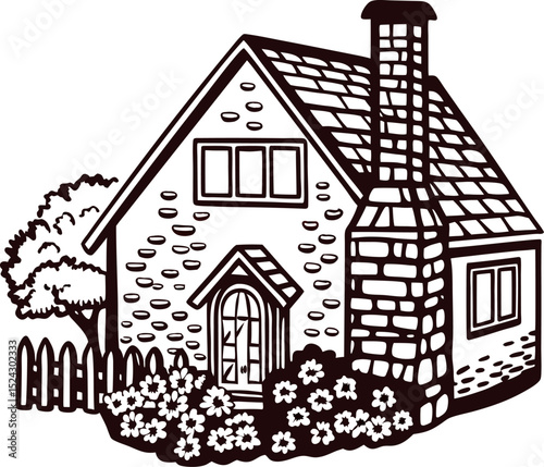 Charming cottage house with stone chimney, floral garden, and fence in vintage engraving black and white