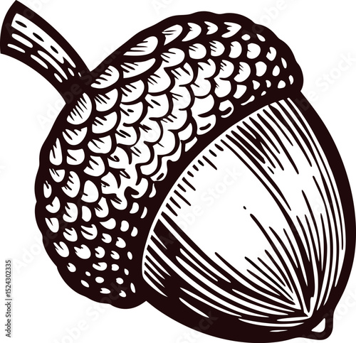 Vintage engraved illustration of a single acorn isolated on white background with detailed hand drawn