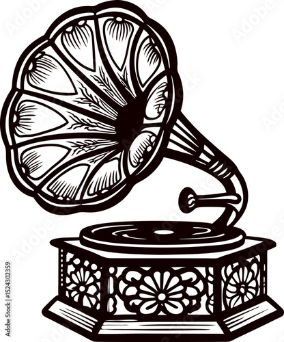Detailed vintage engraved illustration of a classic gramophone with ornate floral base and large horn speaker