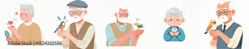 cute grandfather holding bird character vector