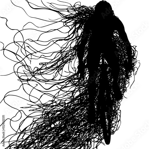 black silhouette of a girl with long hair floating in the wind black, float, girl, hair, long, silhouette, wind, woman , Generative art.