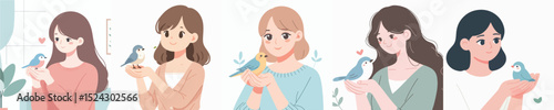 cute woman holding bird character vector