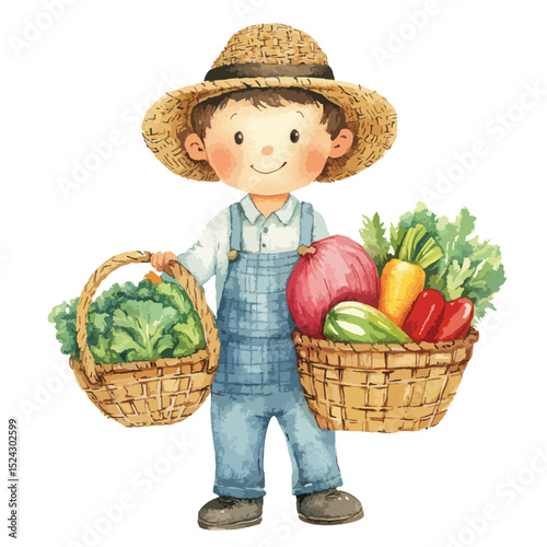 Watercolor Illustration of a Child Farmer with Bountiful Harvest