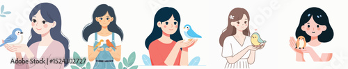 cute woman holding bird character vector