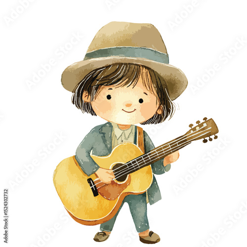 Watercolor Illustration of a Child Musician Playing an Acoustic Guitar