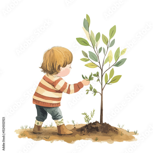 Watercolor illustration of a child planting a tree with green and yellow leaves