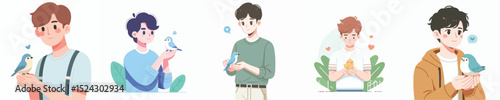 young man character vector holding bird