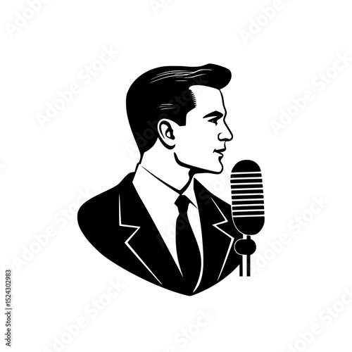 a man wearing a suit and tie holding a microphone black, hold, man, microphone, suit, talk, tie, wear , Generative art.