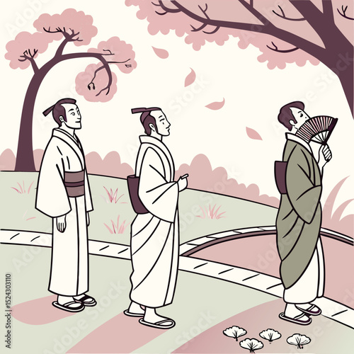 Traditional Japanese Men Vector in Kimonos Under Cherry Blossoms