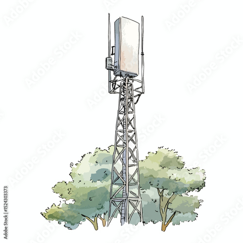 Watercolor Illustration of a Communication Tower Amidst Lush Trees