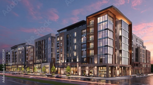 Stylish Mixed Use Development with Modern Architecture at Dusk