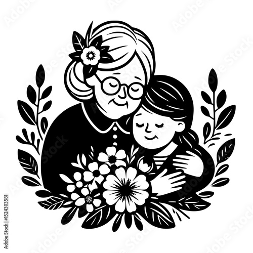 Grandmother and granddaughter embrace with flowers