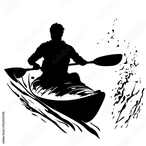 a black silhouette of a man riding in a kayak or boat on a river black, boat, canoe, kayak, man, person, ride, river, silhouette, water , Generative art.