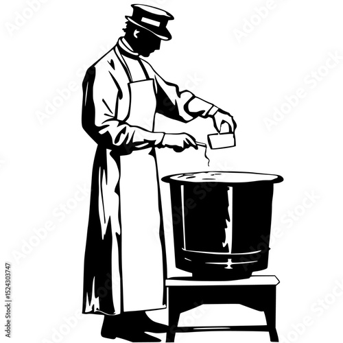 a black and white drawing of a man in a hat pouring a pot into a barrel barrel, black, drawing, drum, hat, illustration, man, pot, pour, stand , Generative art.