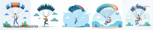 vector character of young man riding a parachute
